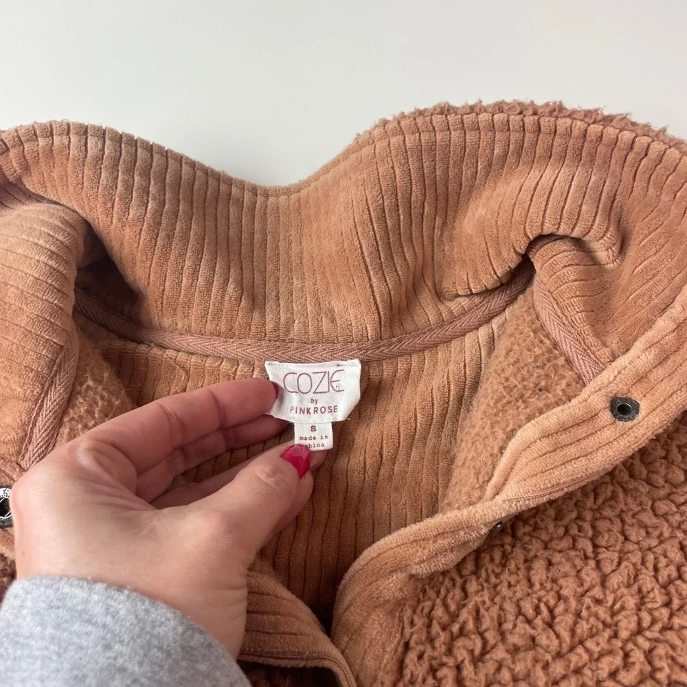 Cozie by Pink Rose Brown Sherpa Fleece Snap Neck Cropped Pullover Sweatshirt S - Picture 7 of 8